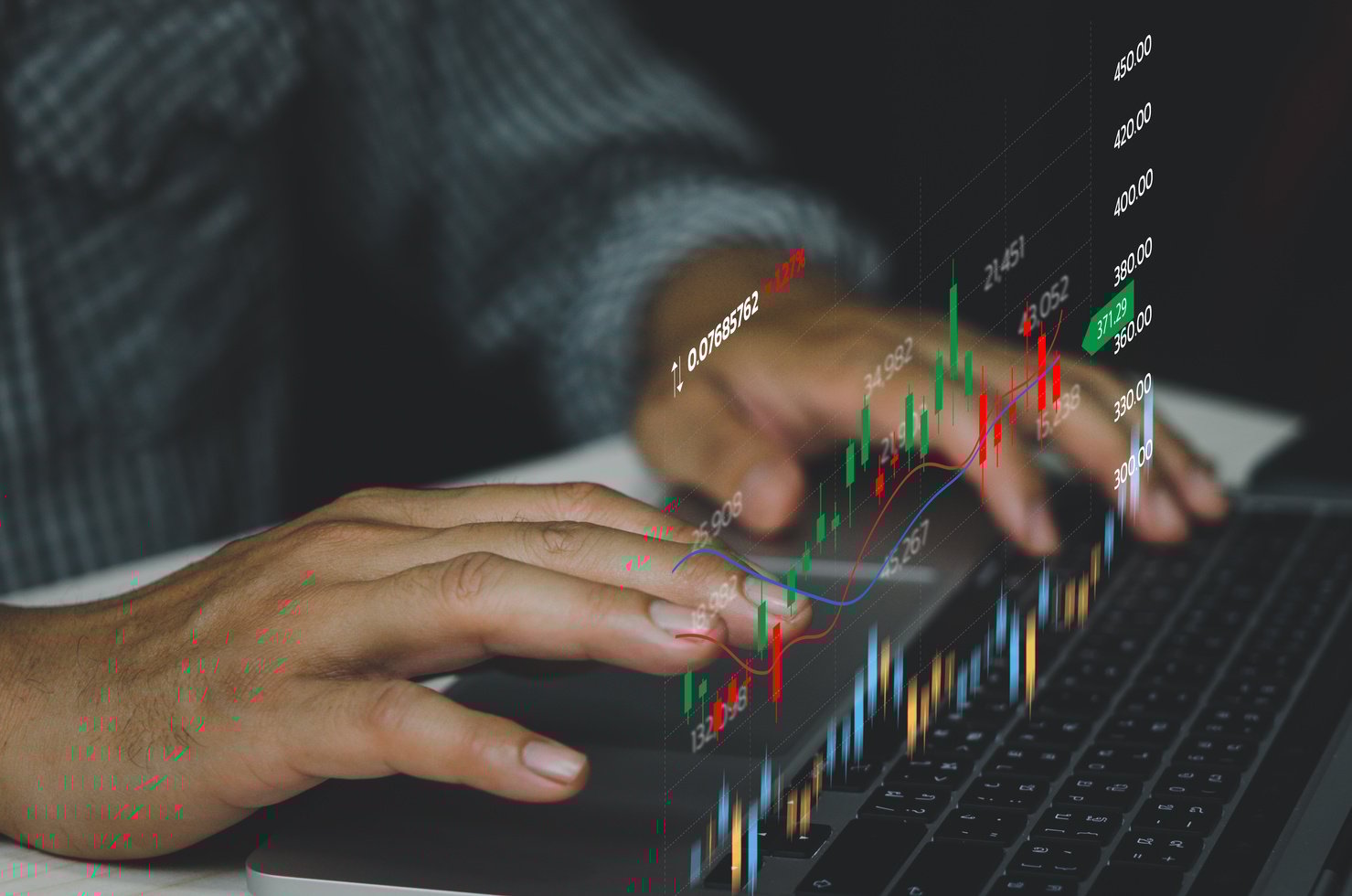 Business man analysis stock market candlestick  and economic